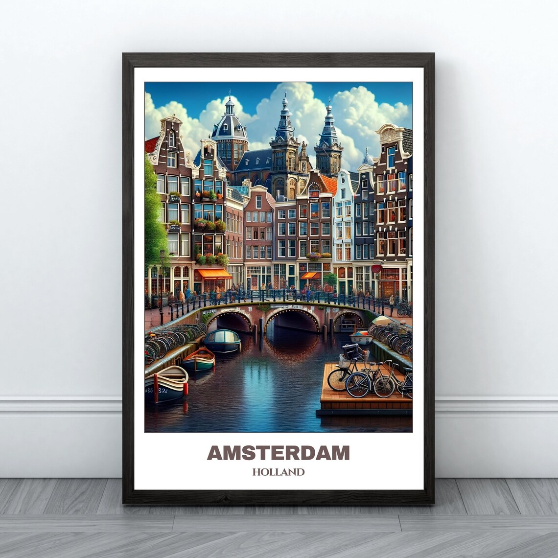 Amsterdam Canal Bridge Bicycles Gabled Houses Holland Travel Poster