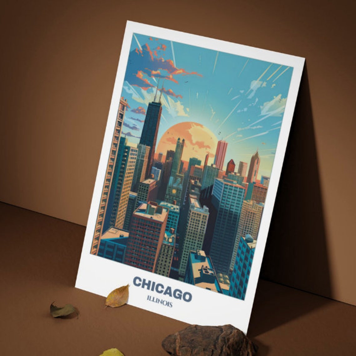 Chicago Illinois Downtown Skyline Blazing Sunset Sky Art Poster - Image 3
