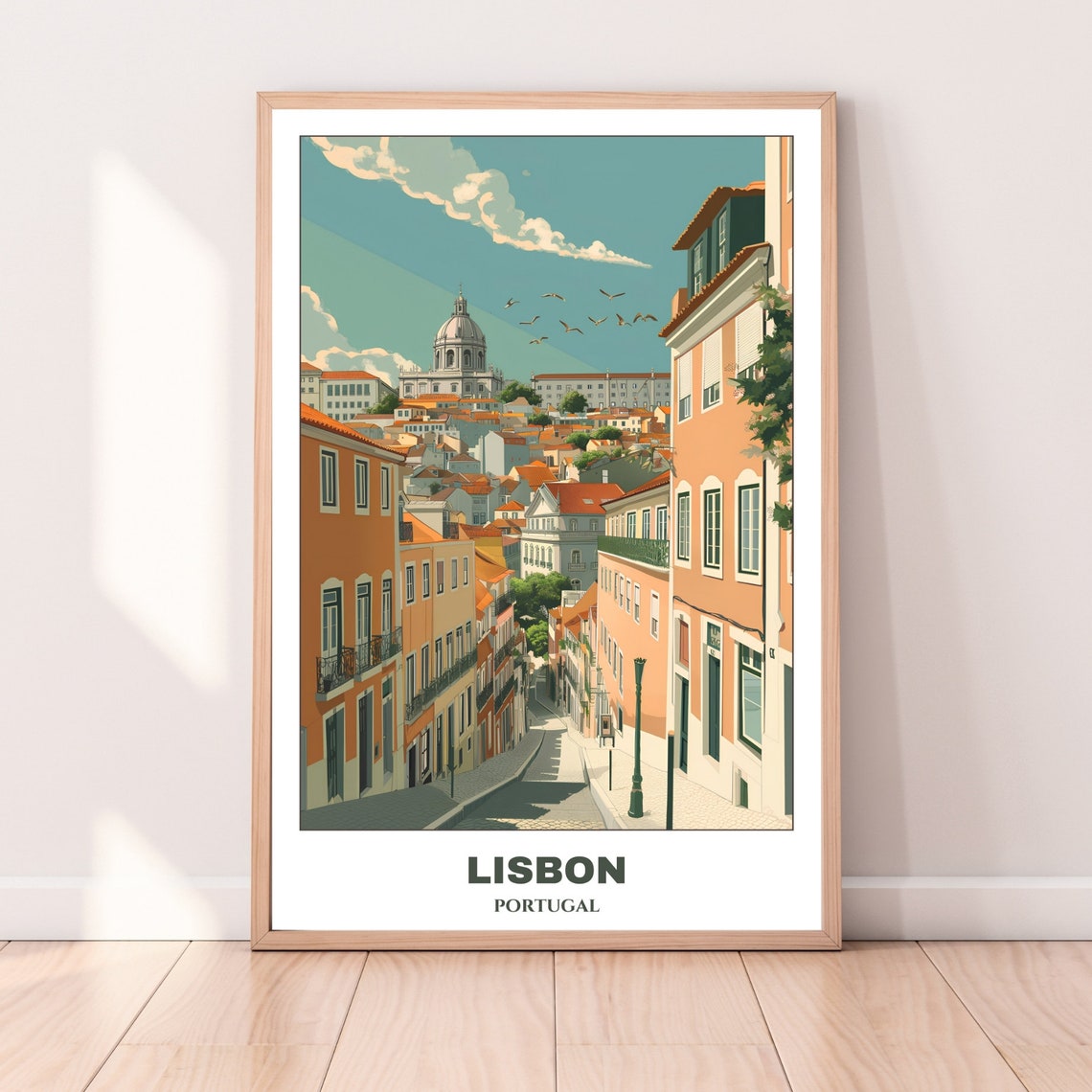 Lisbon Portugal Old Cobbled Hill Street Toward Domed Church Poster - Image 4