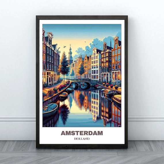 Amsterdam Canal Sunset Gabled Houses Boats Holland Travel Poster