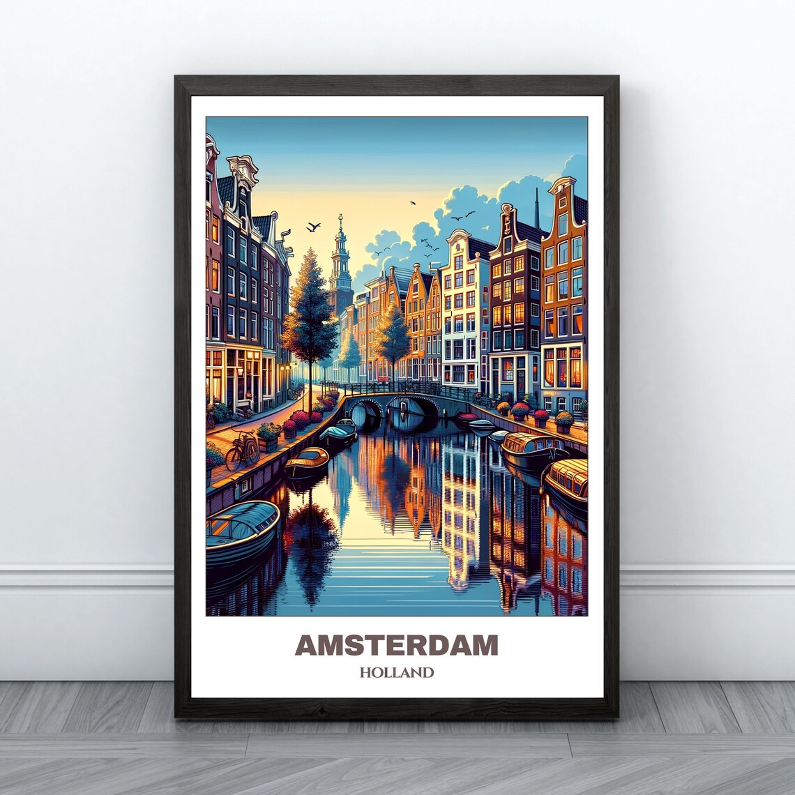 Amsterdam Canal Sunset Gabled Houses Boats Holland Travel Poster