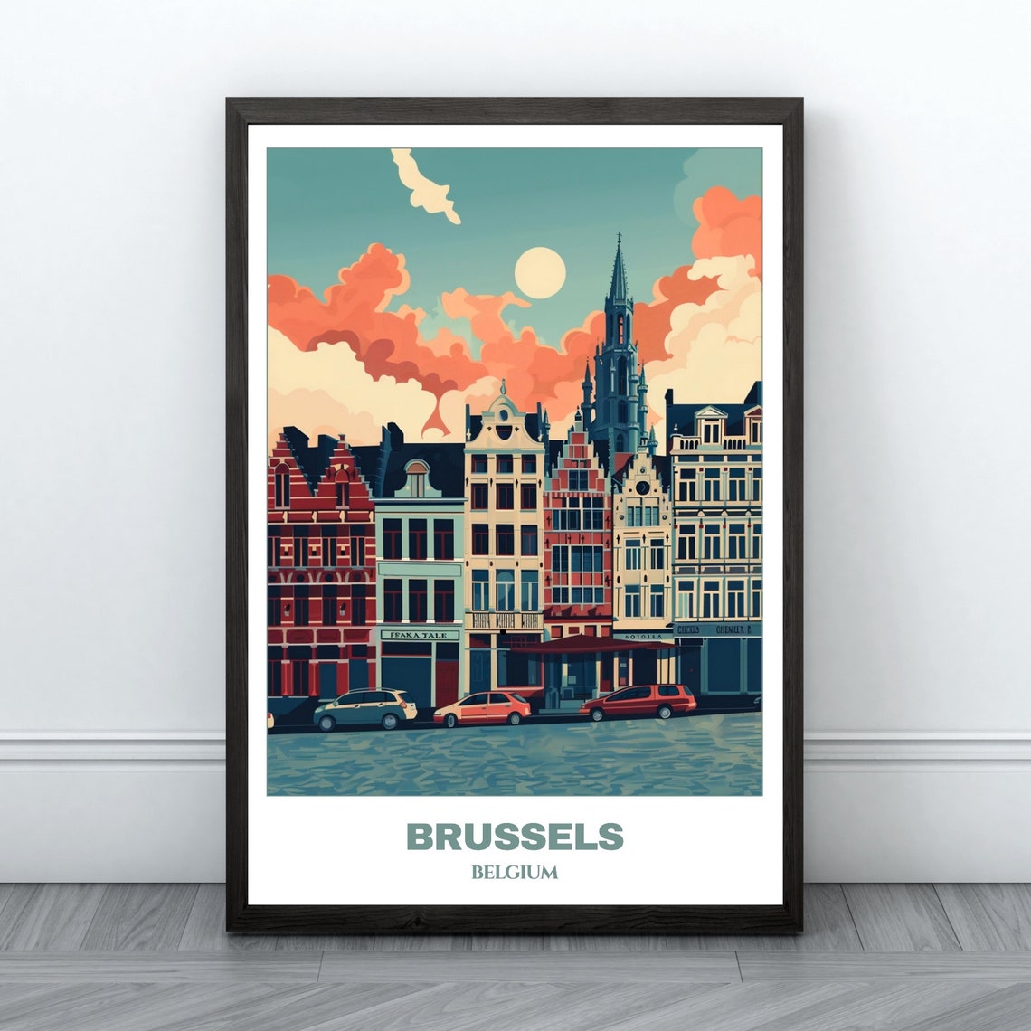 Brussels Grand Place Guildhalls Town Hall Spire Belgium Travel Poster