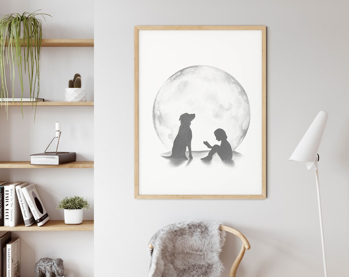 Girl Reading Book With Dog Under Full Moon Celestial Kids Poster - Image 3