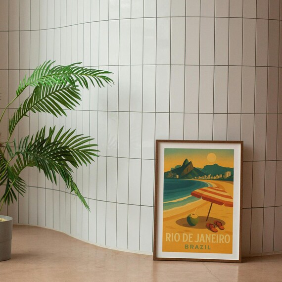 Rio de Janeiro Brazil Golden Beach Sunset Vintage Travel Poster