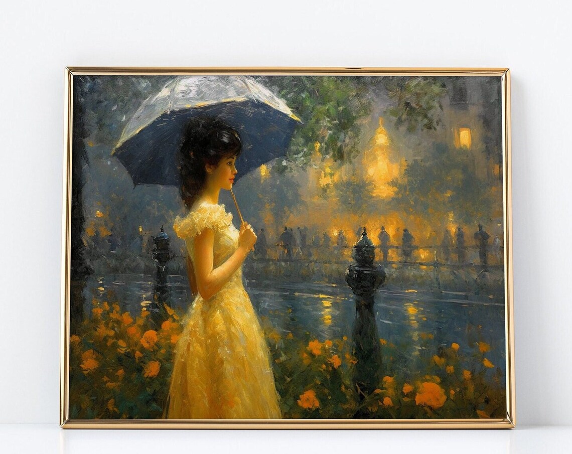 Rainy Evening Canal Painting Woman in Yellow Dress Umbrella Poster