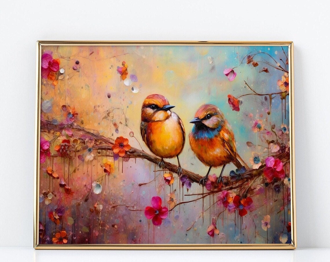 Two Colorful Songbirds On Pink Blossom Branch Whimsical Art Poster