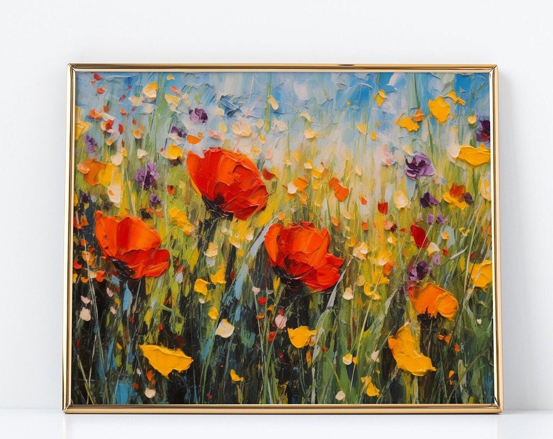 Oil Painting Of Red Flowers Field Energetic Brushstrokes Joyful Celebration Of Nature Dark Yellow And Aquamarine