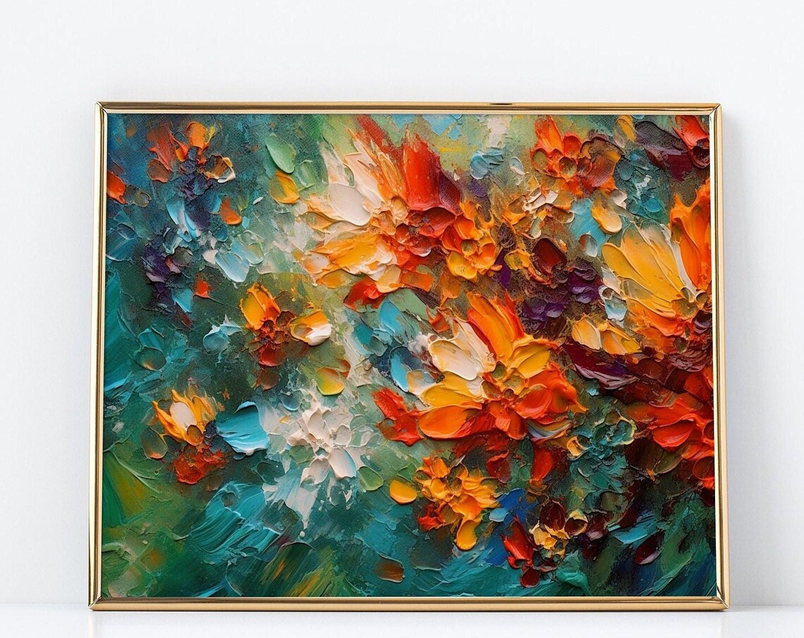 Abstract Painting With Red Green And Blue Flowers, Impasto