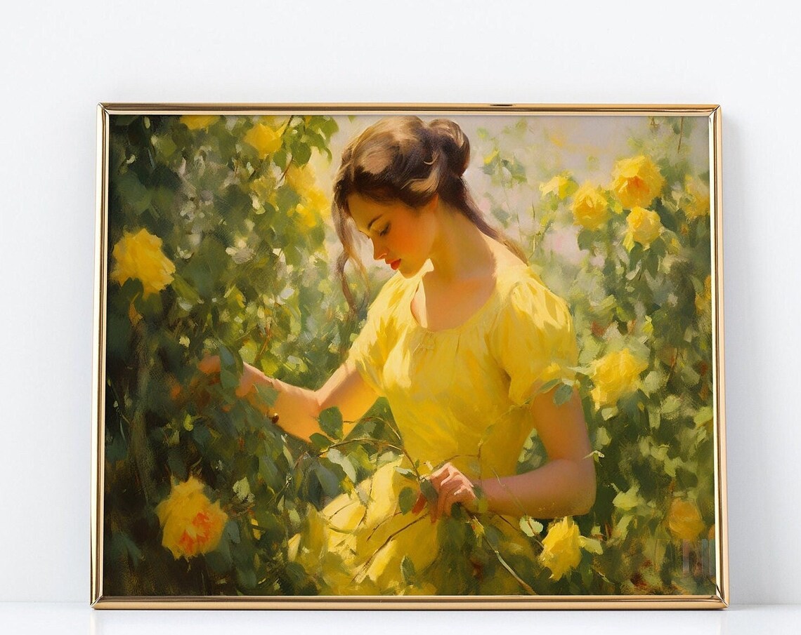 Young Woman in Yellow Dress Among Roses Figurative Romance Poster