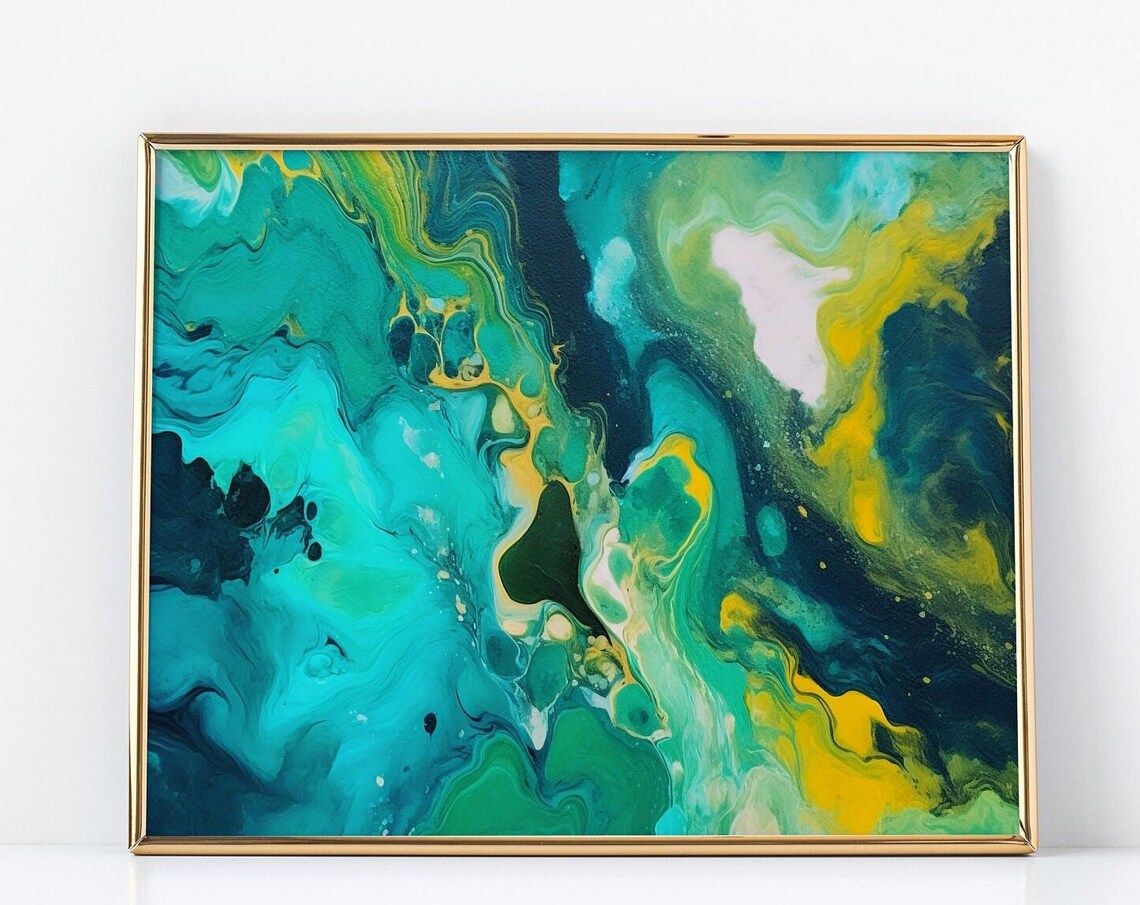 Fluid Acrylic Painting Teal Green Gold Marbled Abstract Poster