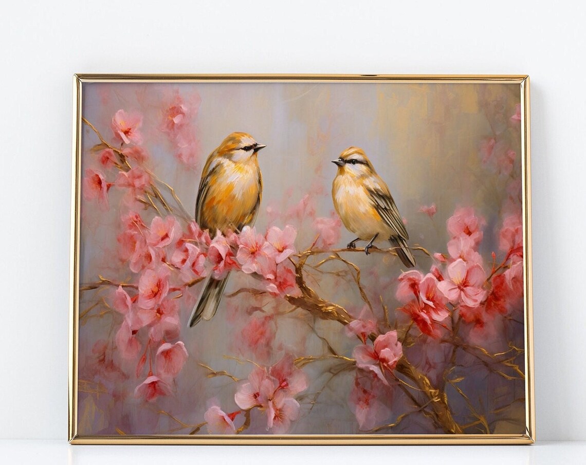 Birds And Pink Cherry Blossoms, Impressionist Elements