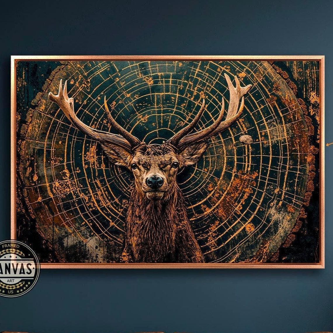 Mystical Stag Before Golden Tree Rings Enigmatic Wildlife Art Poster