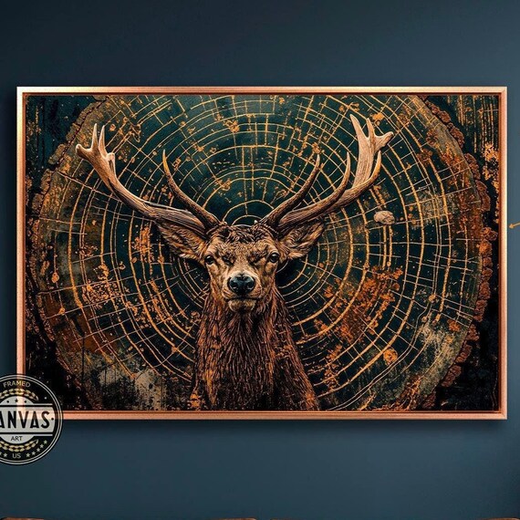 Mystical Stag Before Golden Tree Rings Enigmatic Wildlife Art Poster
