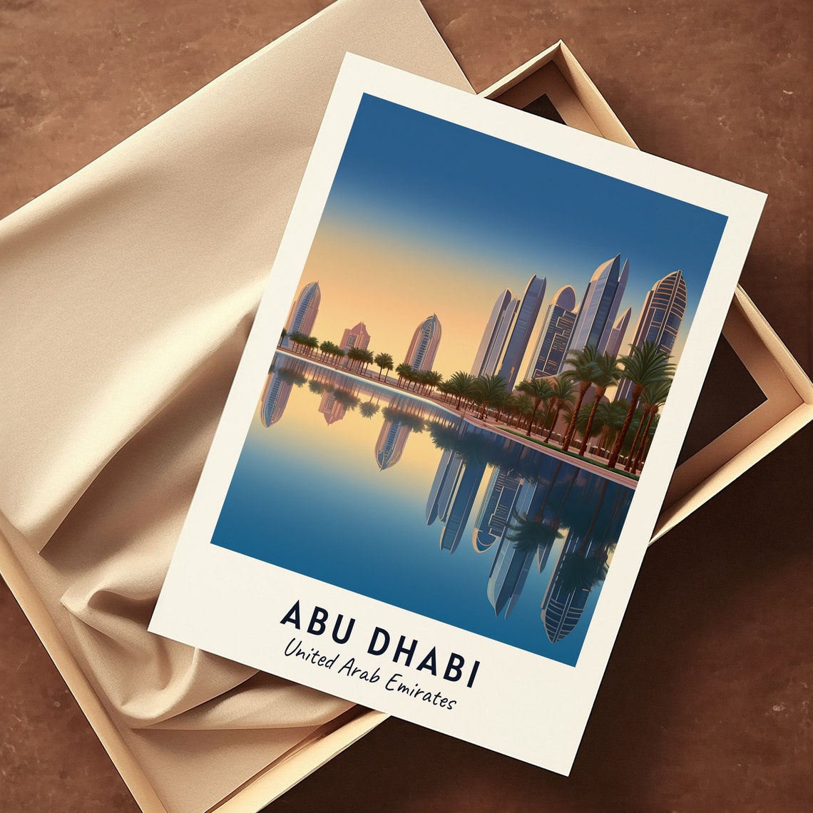 Abu Dhabi UAE Skyline Mirrored Water Sunset Emirates Travel Poster - Image 3