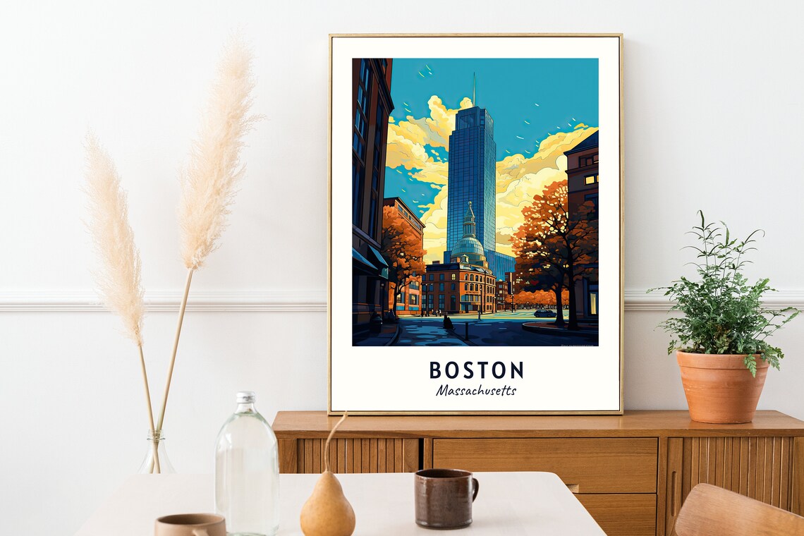 Boston Massachusetts Autumn City Street Skyline Travel Poster - Image 2