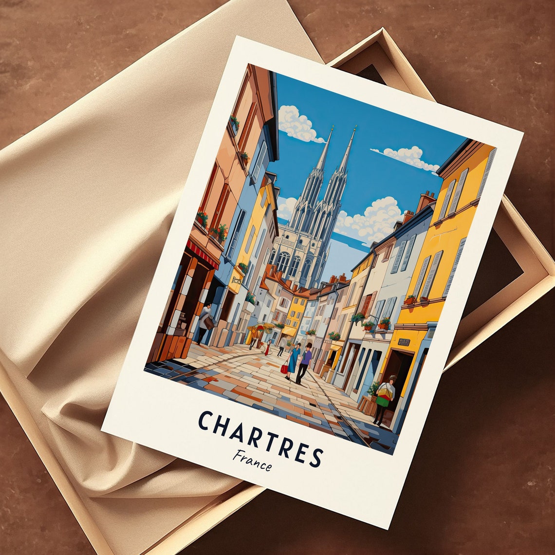 Chartres France Cathedral Cobblestone Street Sunny Day Poster - Image 3