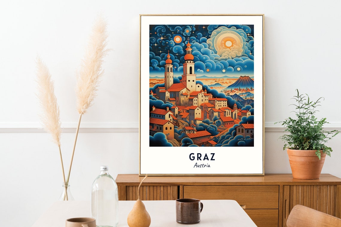 Graz Old Town Church Towers Dramatic Sky Artwork Travel Poster - Image 2