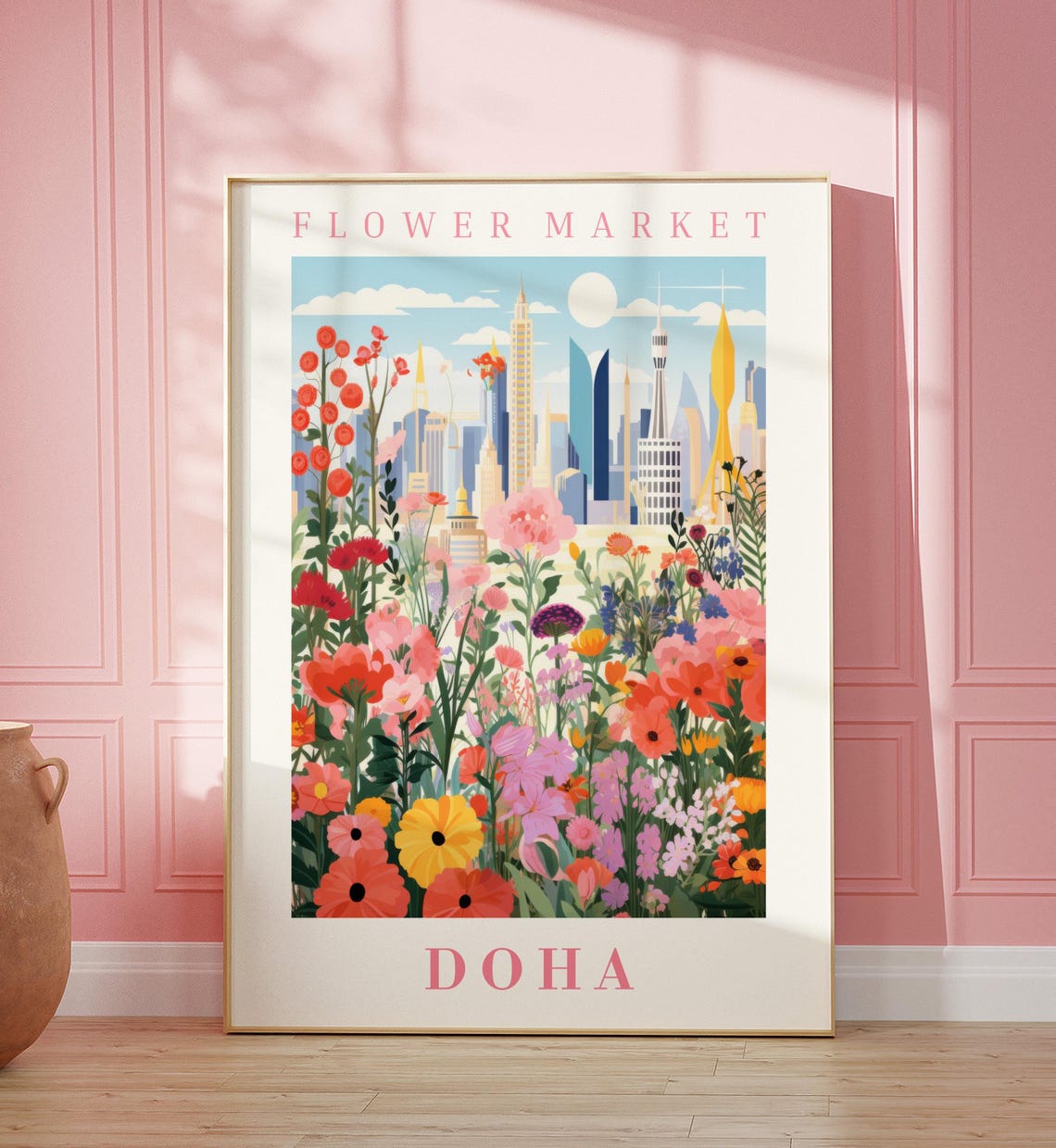 Doha Flower Market Poster with Modern Skyline Moonlit Wildflower Art