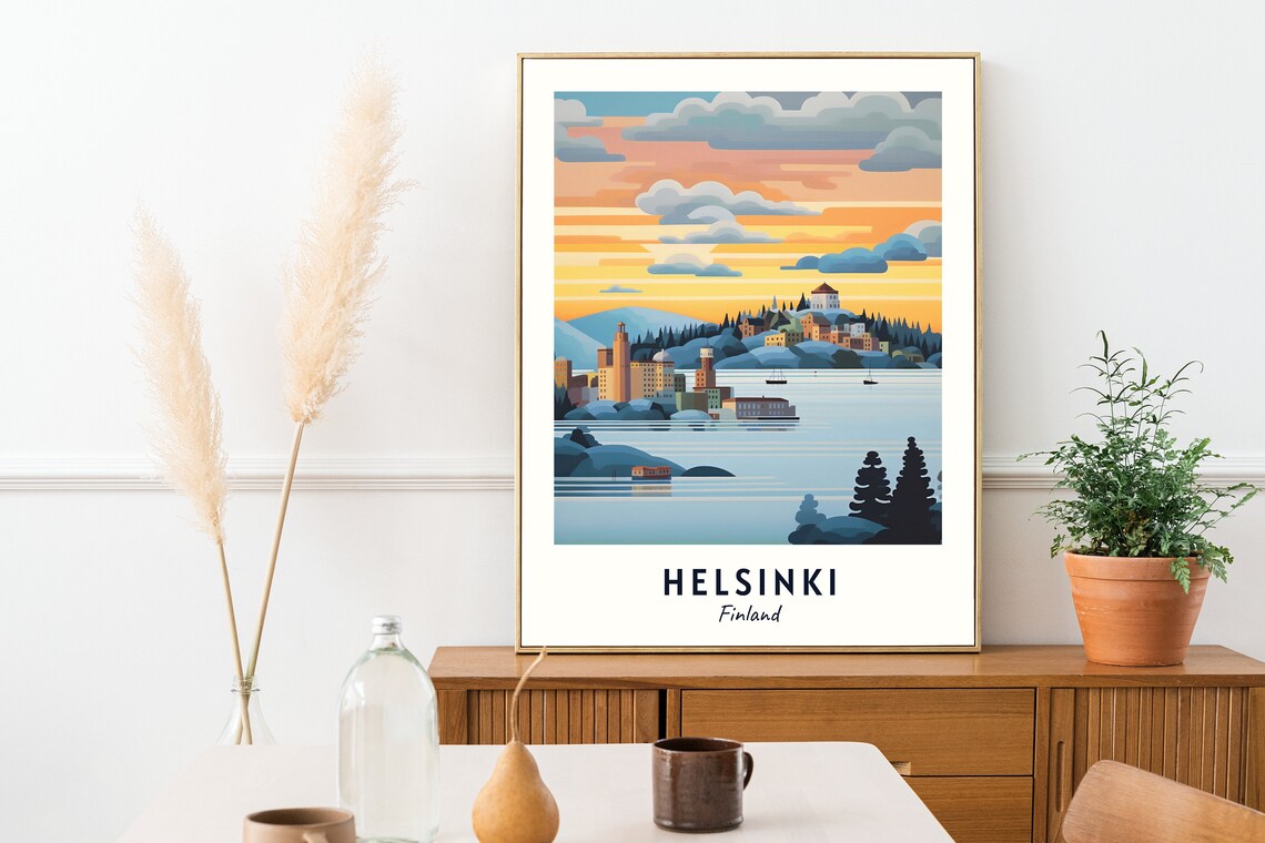 Helsinki Harbor Sunset Ferries Pastel Striped Sky Travel Poster - Image 2