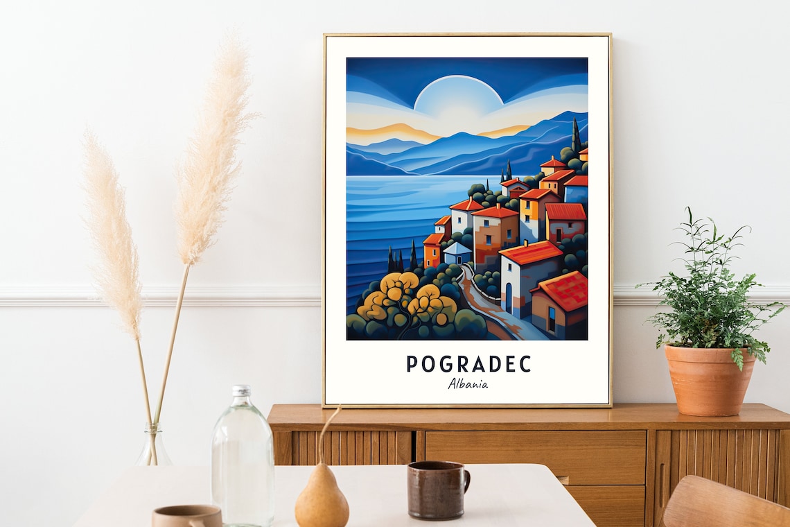 Pogradec Albania Moonlit Lakeside Night Scene Stylized Travel Poster - Image 2