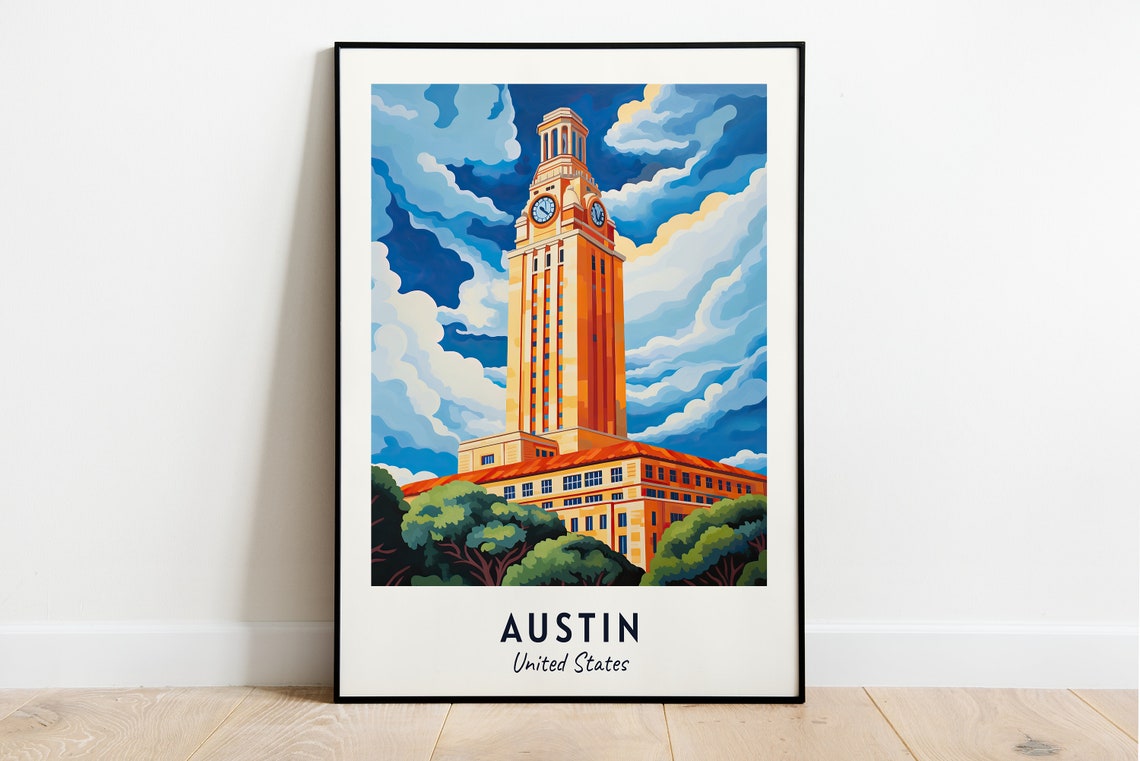 Austin Texas University Clock Tower Campus Landmark Travel Poster