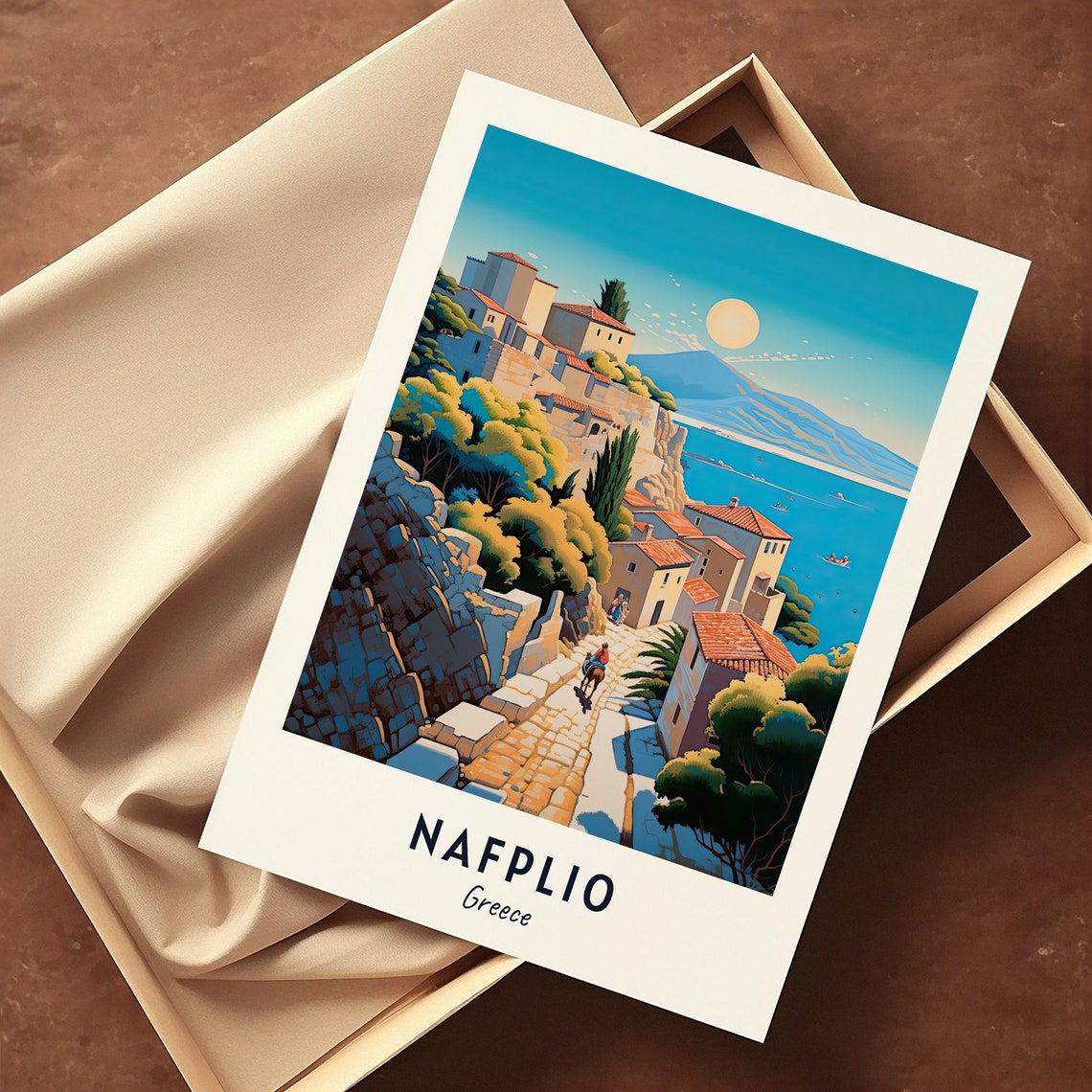 Nafplio Old Town Sunlit Bay Coastline Hills View Travel Poster - Image 3