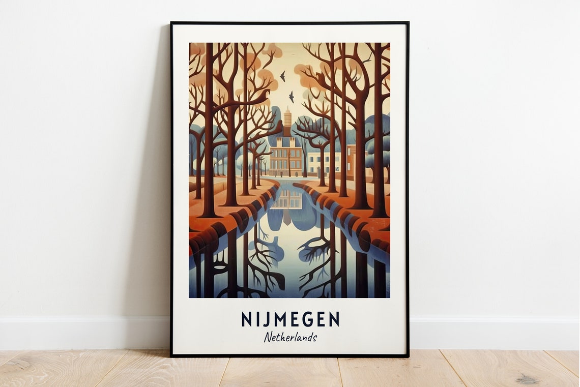 Nijmegen Netherlands Canal Reflection Autumn Trees Museum Poster
