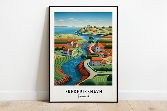 Frederikshavn Denmark Coastal Village River Hills Travel Poster
