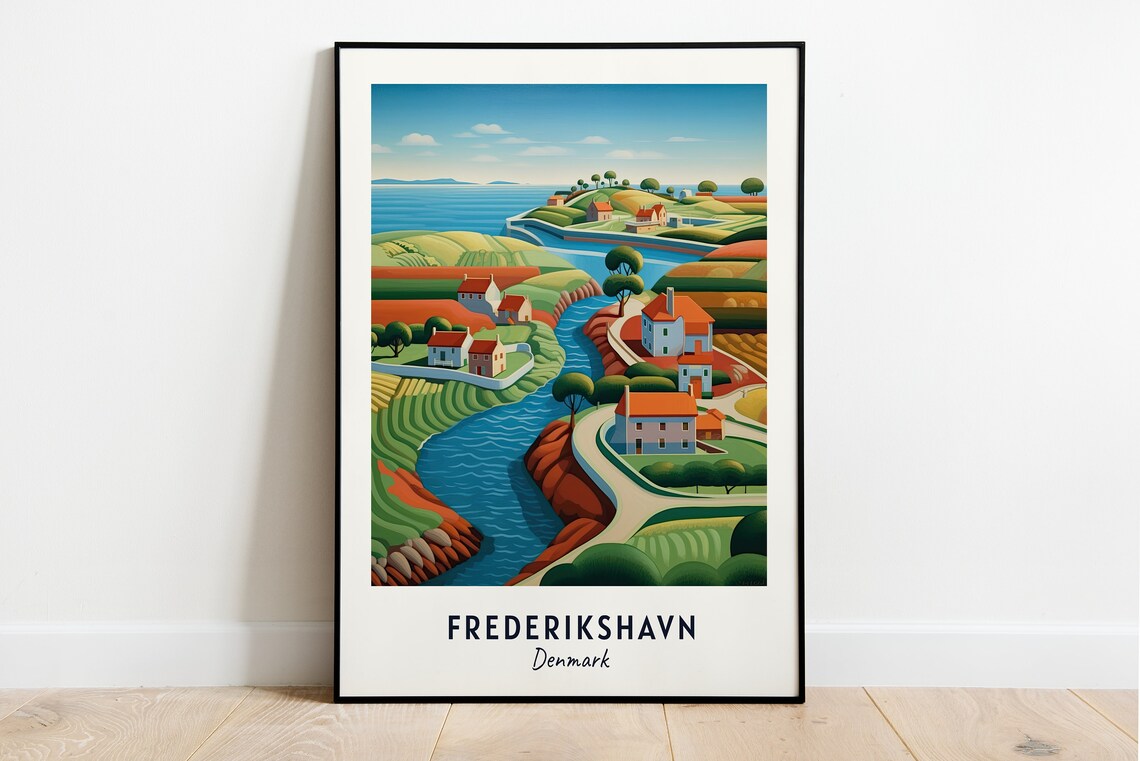 Frederikshavn Denmark Coastal Village River Hills Travel Poster