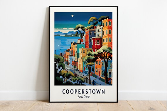 Cooperstown New York Colorful Hillside Street Lake Night Travel Poster