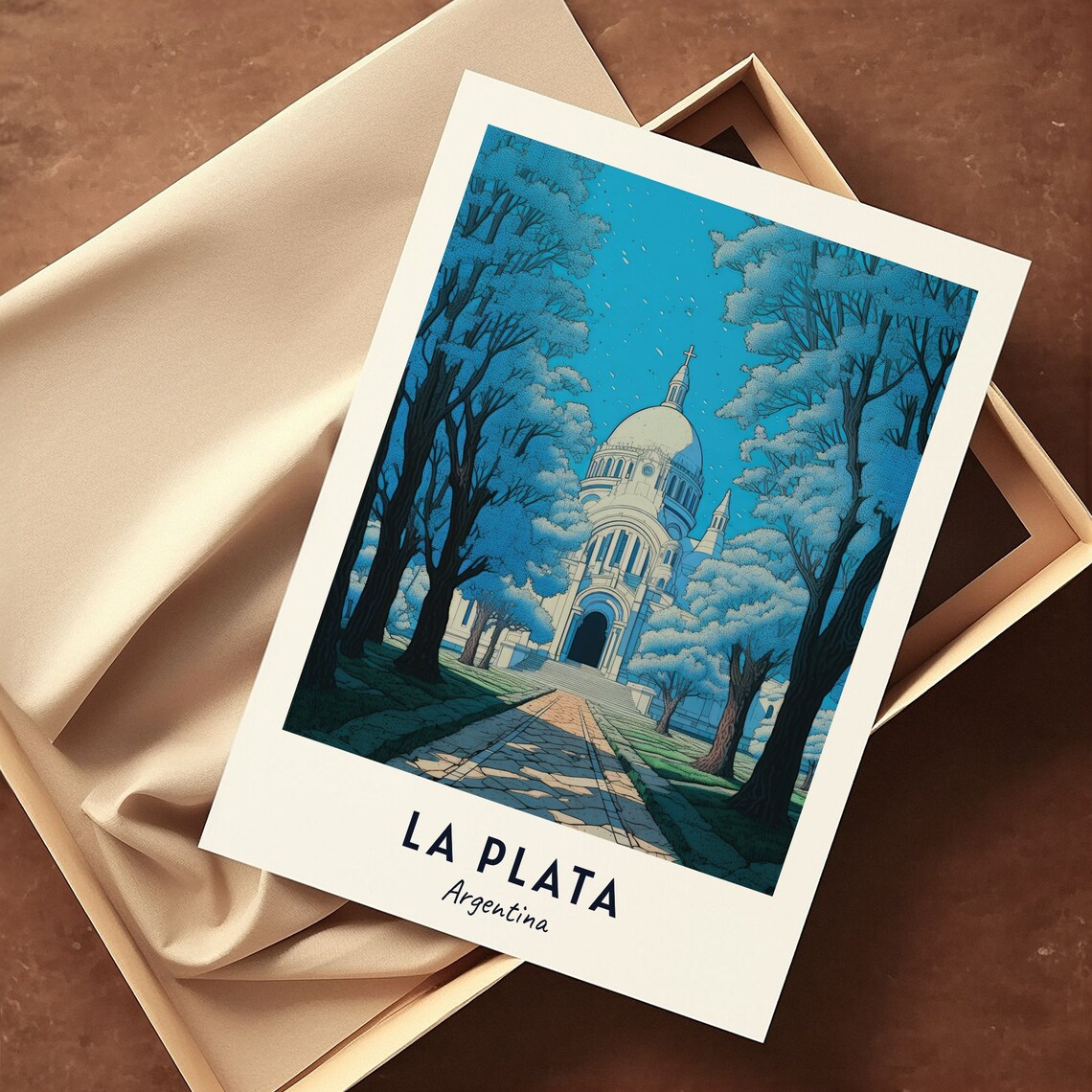 La Plata Argentina Cathedral Domes Tree Lined Avenue Blue Travel Poster - Image 3