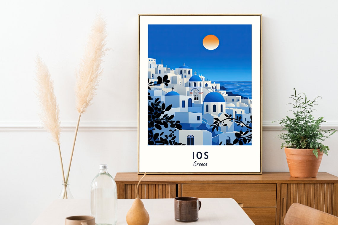 Ios Greece Whitewashed Village with Blue Domed Churches Night Poster - Image 2