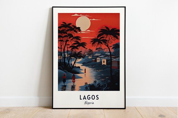 Lagos Nigeria Red Sunset River Village Minimalist Travel Poster