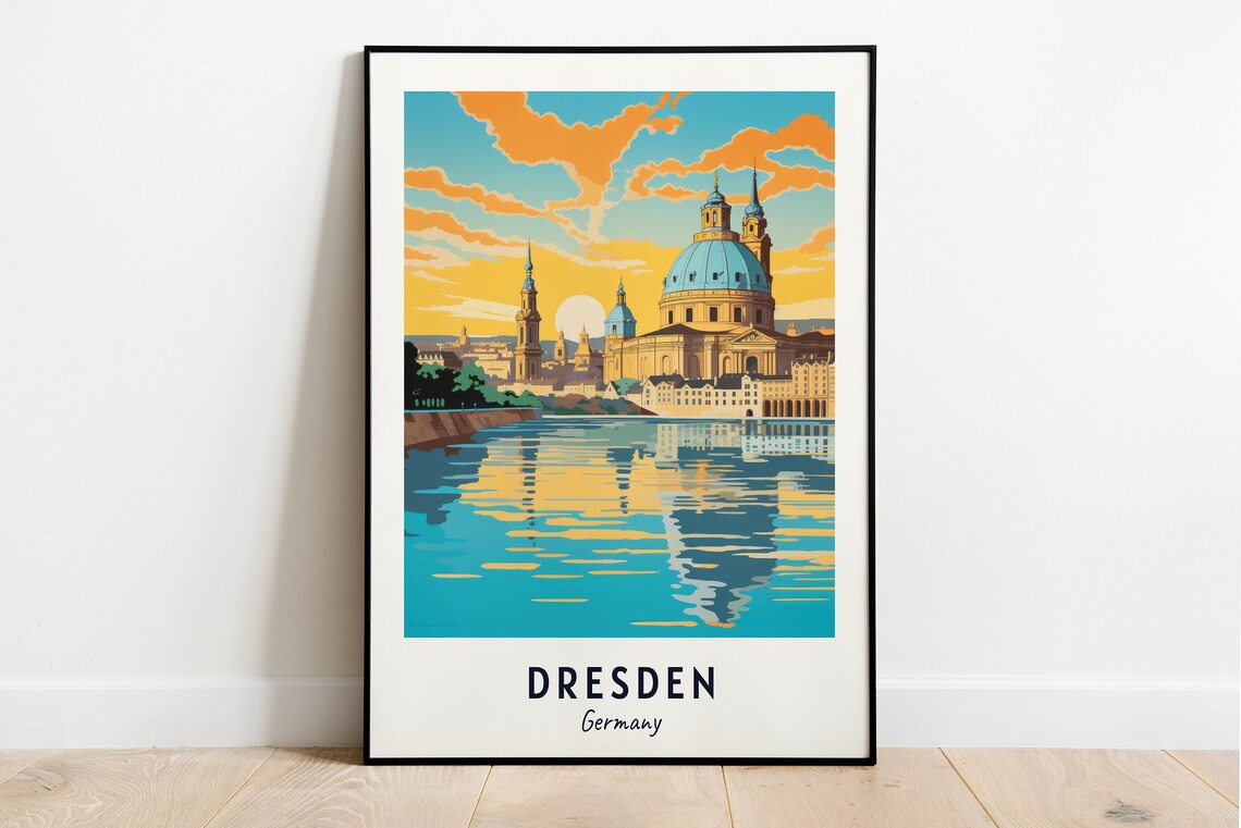 Dresden Germany Elbe River Sunset Dome Skyline Travel Poster