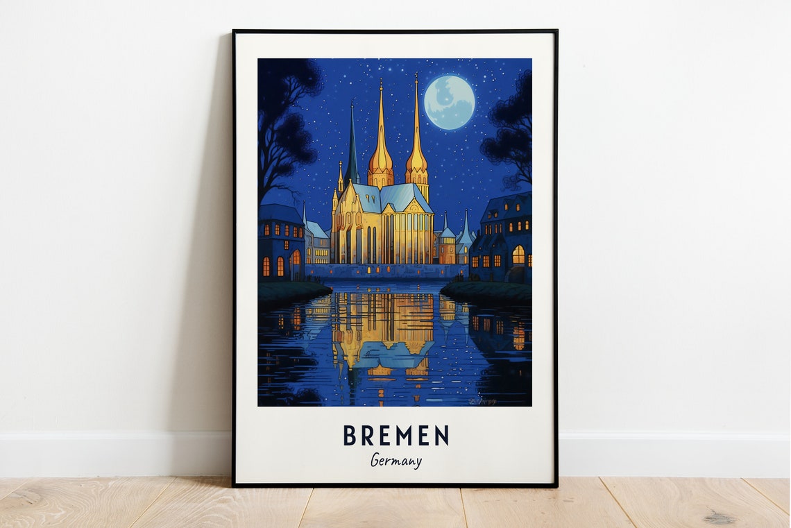 Bremen Cathedral Night Moonlight River Reflection Travel Poster