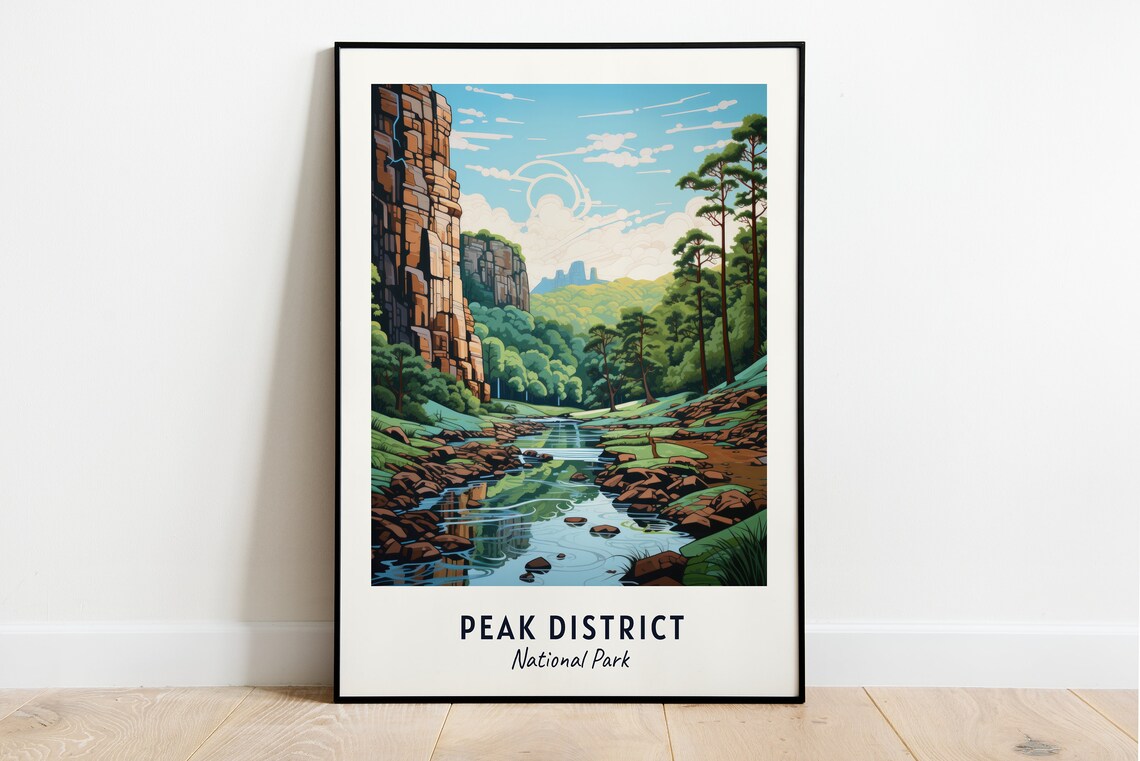 Peak District National Park Rocky Crag River Pines Scene Poster