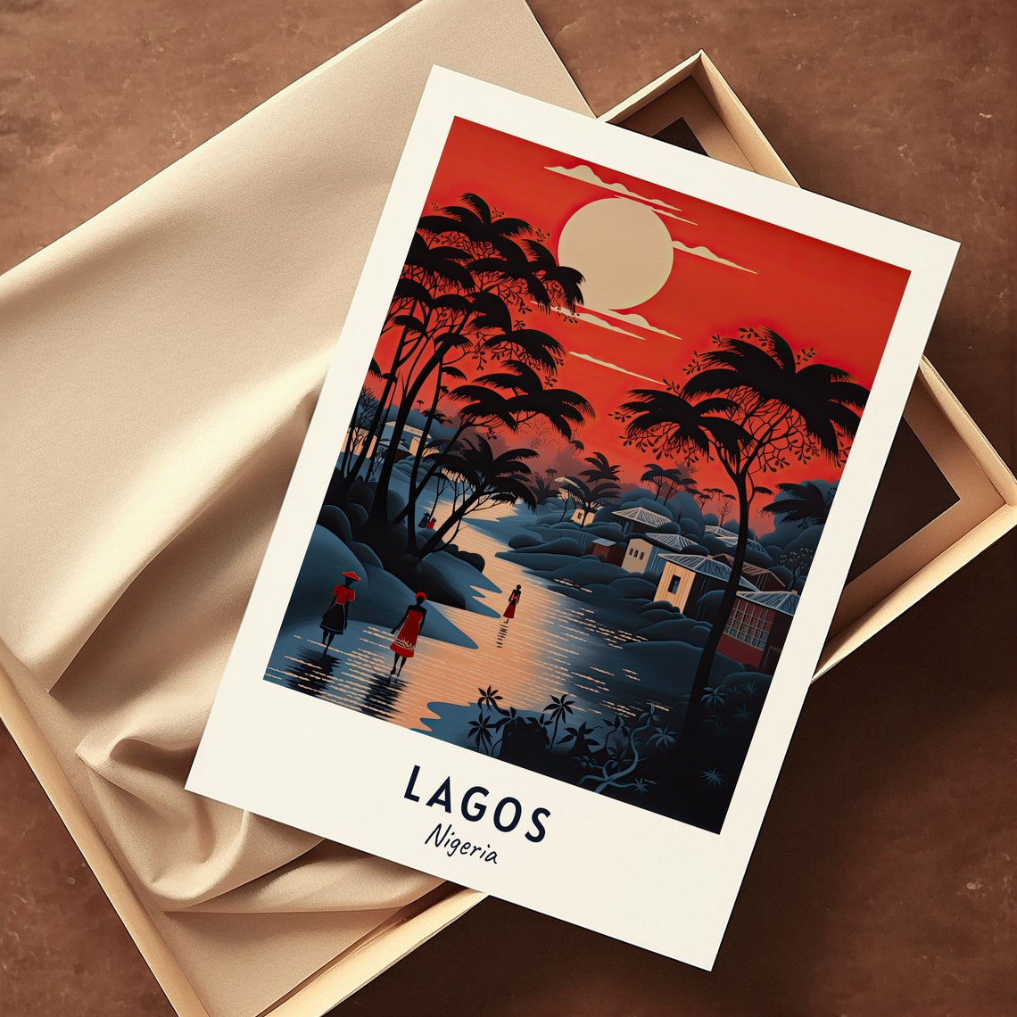 Lagos Nigeria Red Sunset River Village Minimalist Travel Poster - Image 3