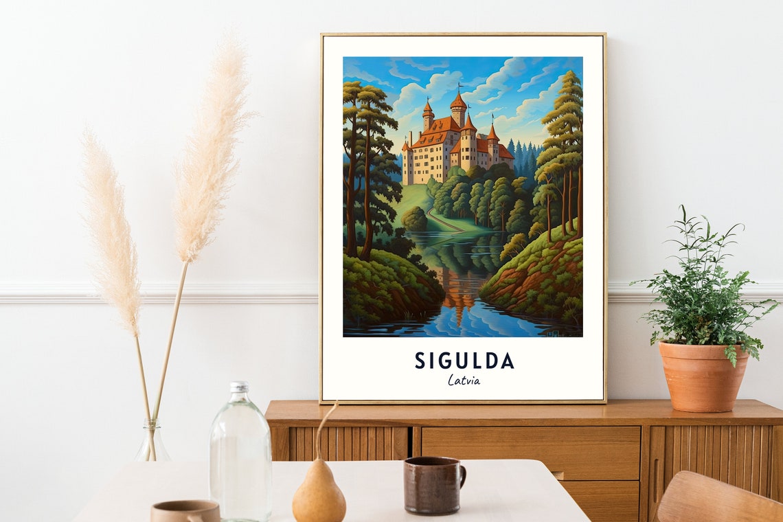 Sigulda Latvia Fairytale Castle Pines River Reflection Art Poster - Image 2