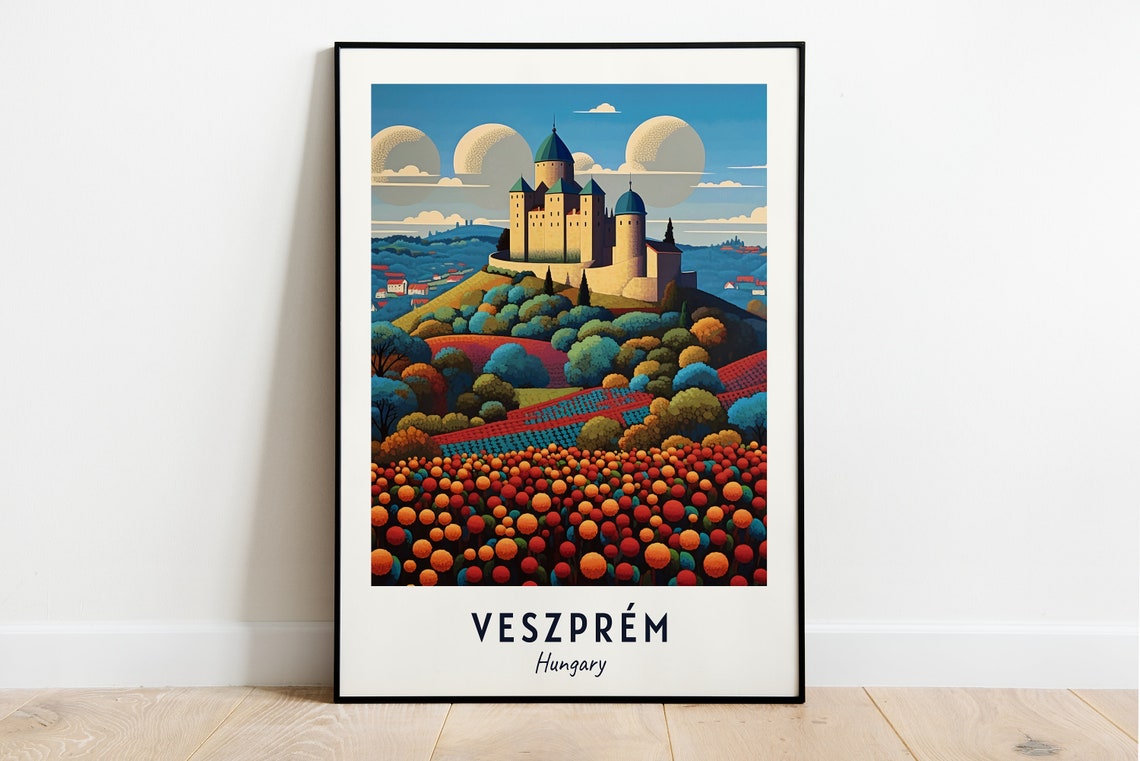 Veszprém Hungary Hilltop Castle Colorful Fields Travel Poster