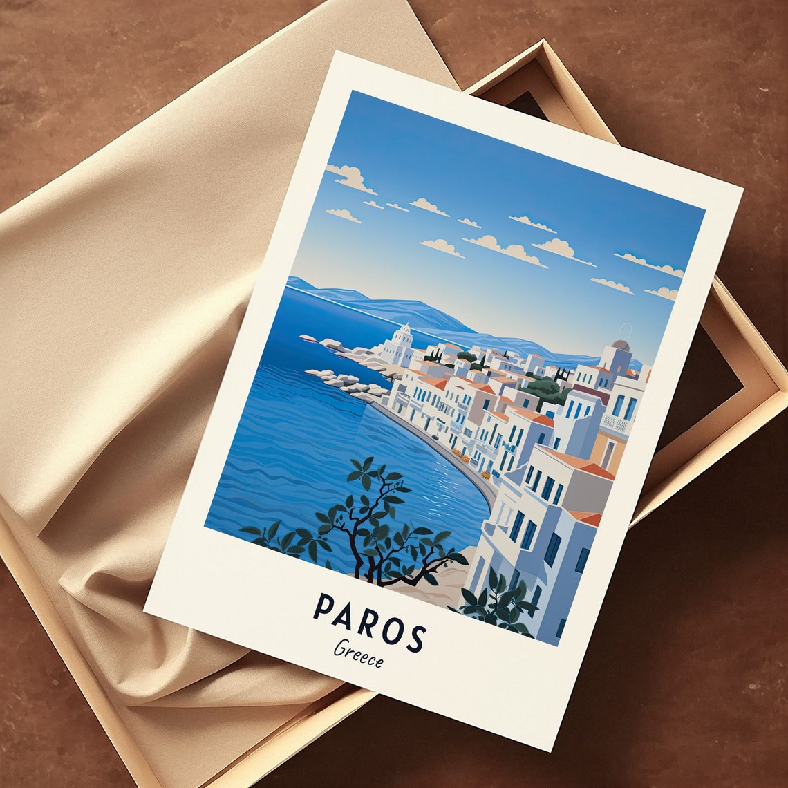 Paros Greece Whitewashed Coastal Town Blue Sea Harbor Poster - Image 3
