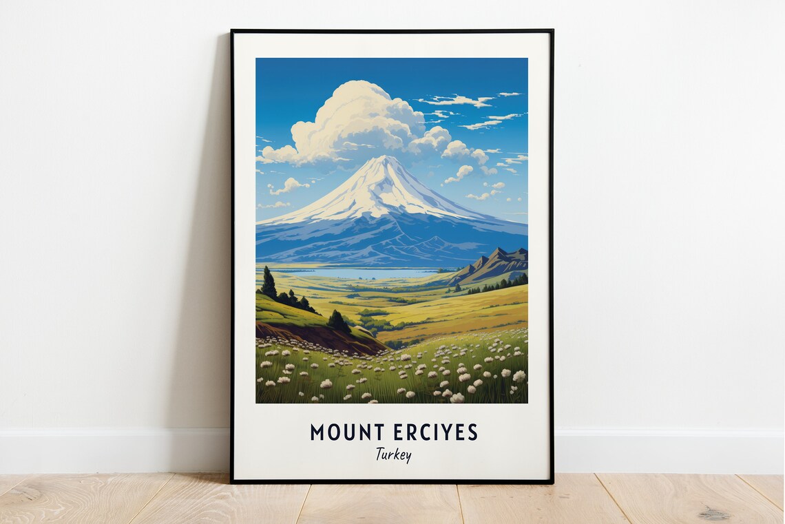 Mount Erciyes Turkey Snowy Volcano Meadow Minimalist Travel Poster