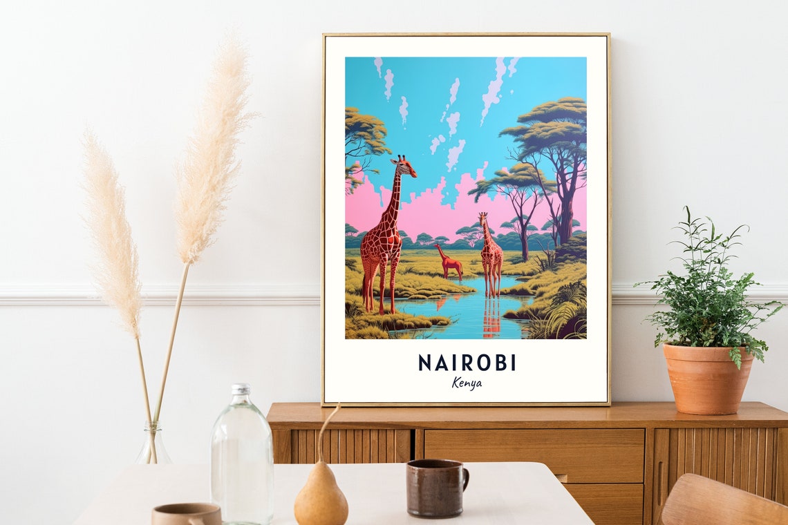 Nairobi Kenya Giraffes At Waterhole Under Pink Sunset Sky Poster - Image 2