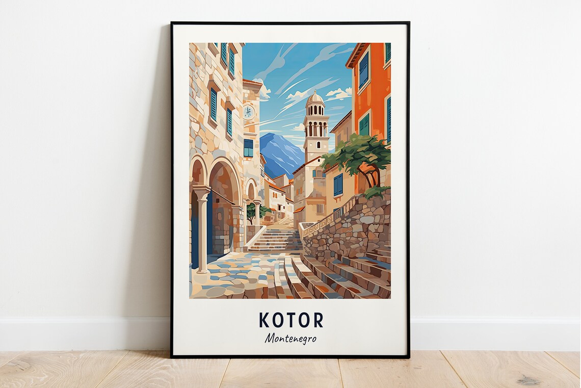 Kotor Old Town Stone Alley Bell Tower Montenegro Travel Poster