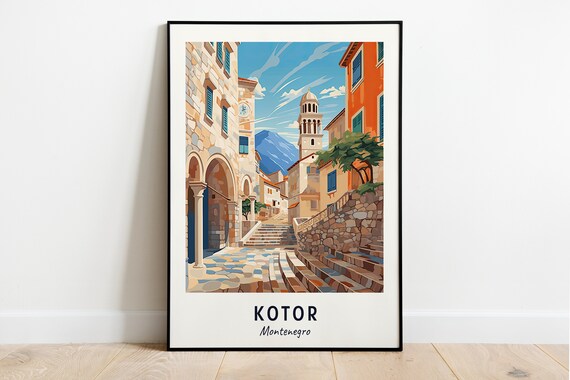 Kotor Old Town Stone Alley Bell Tower Montenegro Travel Poster