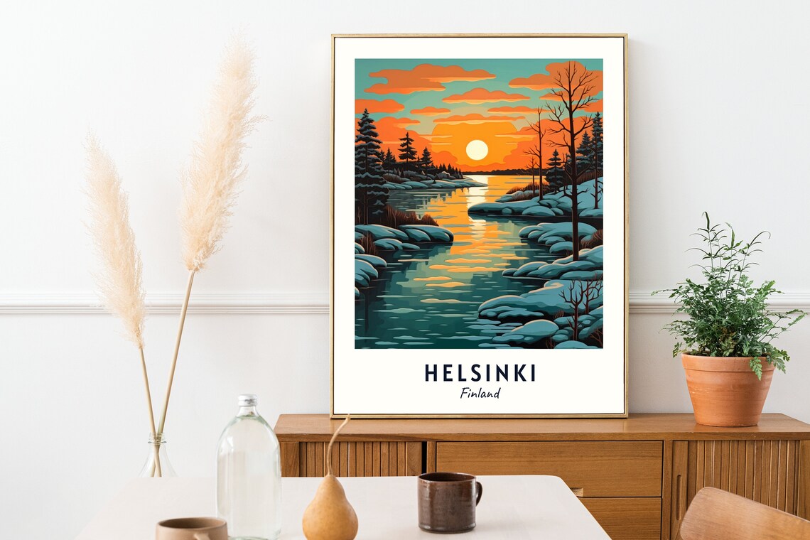 Helsinki Finland Snowy Winter Lake Sunset Scenic Travel Poster - Image 2