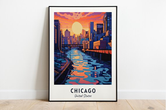 Chicago River Downtown Skyline Sunset Reflection Urban Travel Poster