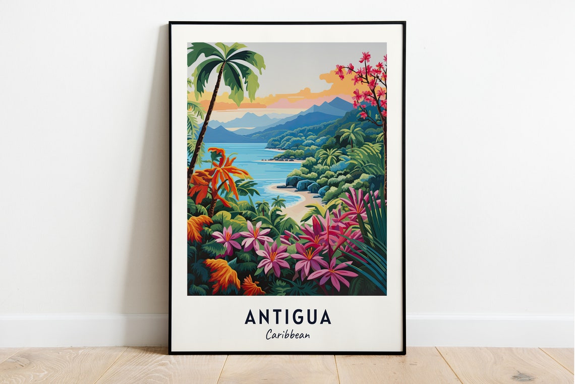 Antigua Caribbean Tropical Beach Palm Sunset Paradise Scene Poster
