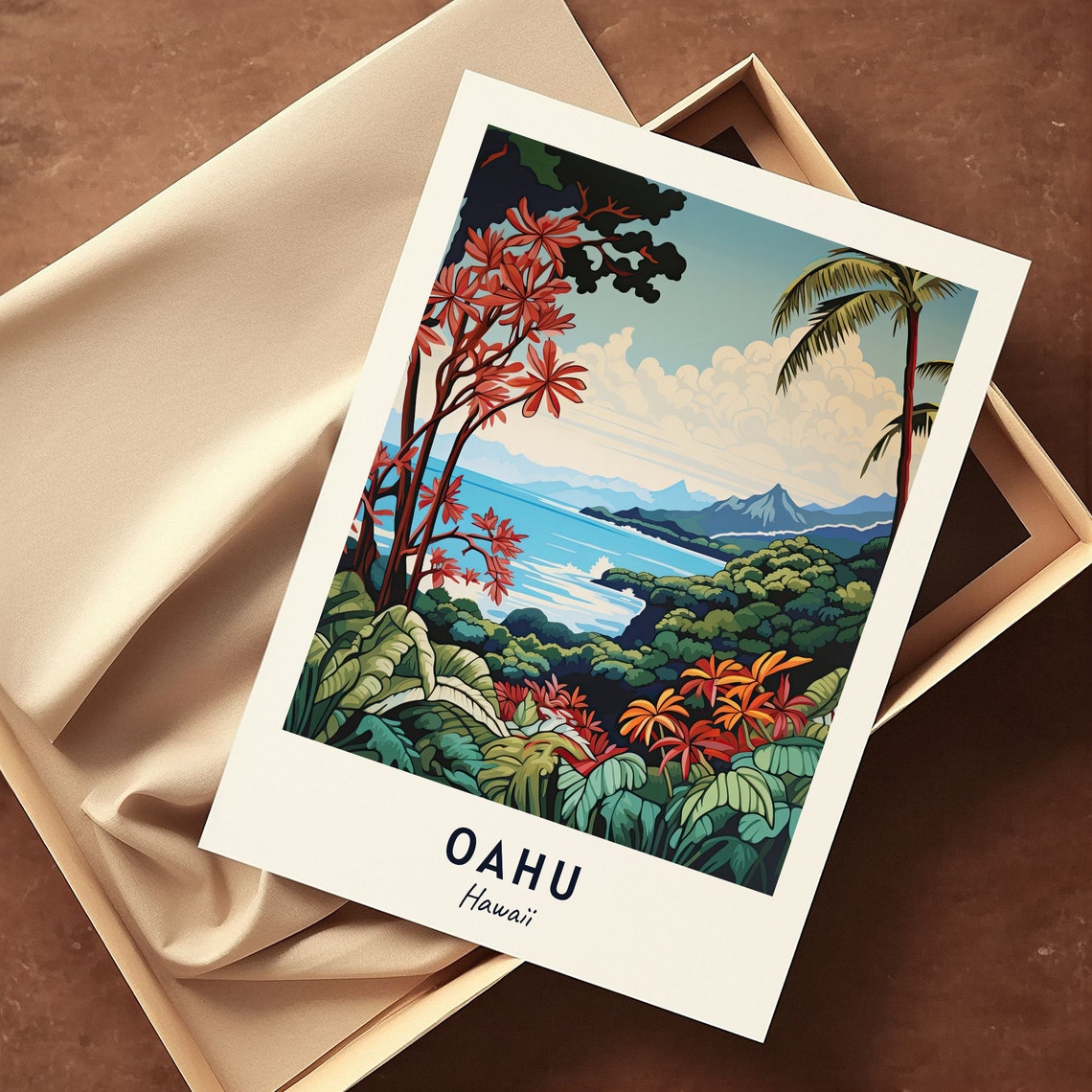 Oahu Tropical Coast Red Flowering Trees Lush Hawaii Travel Poster - Image 3