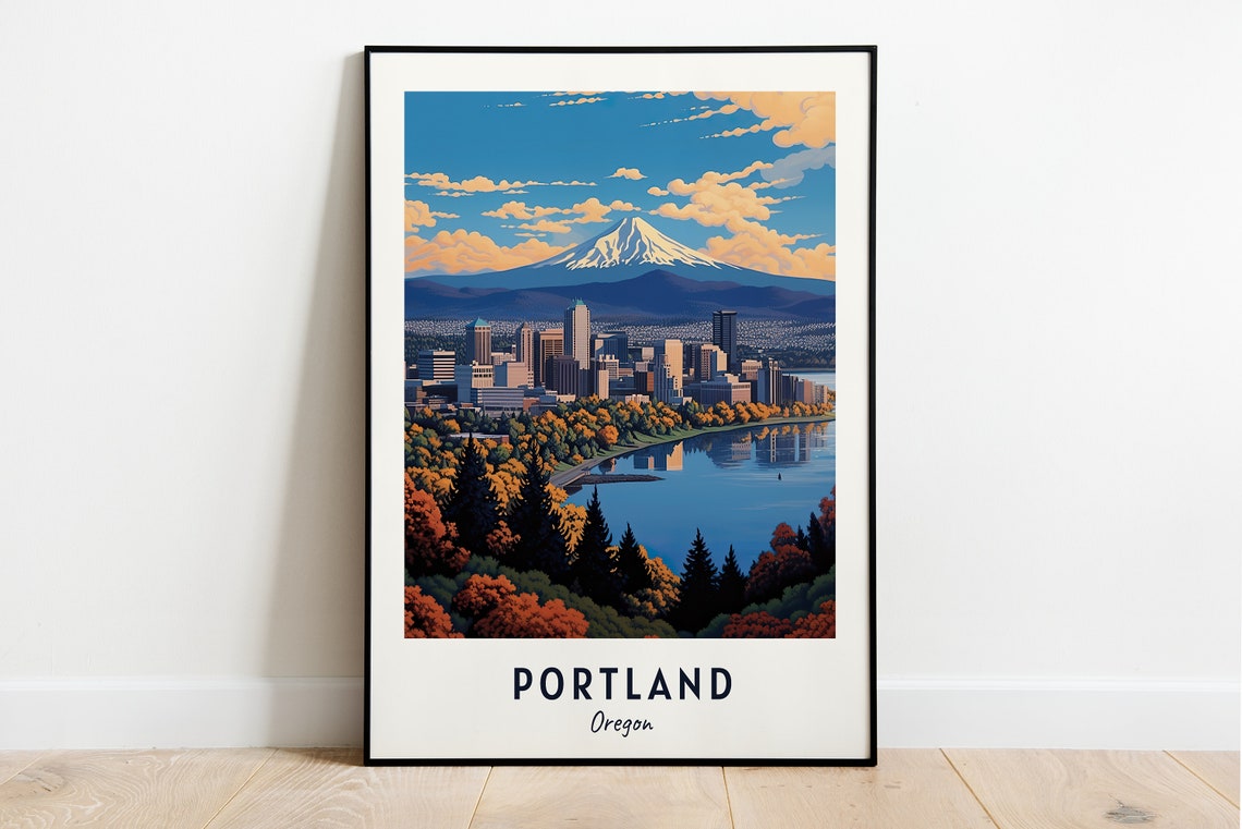 Portland Oregon Skyline with Mount Hood Autumn River View Poster