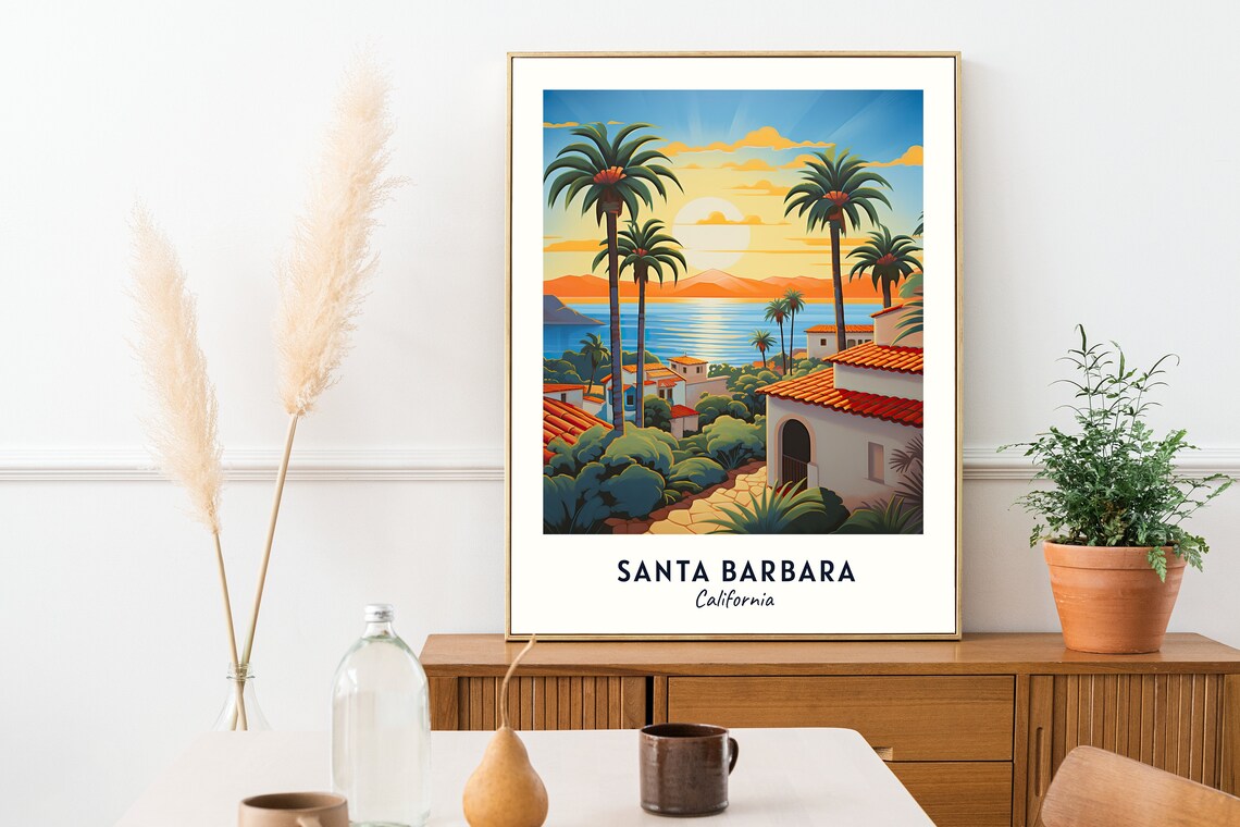 Santa Barbara California Sunset Palm Trees Coastal Villa Travel Poster - Image 2